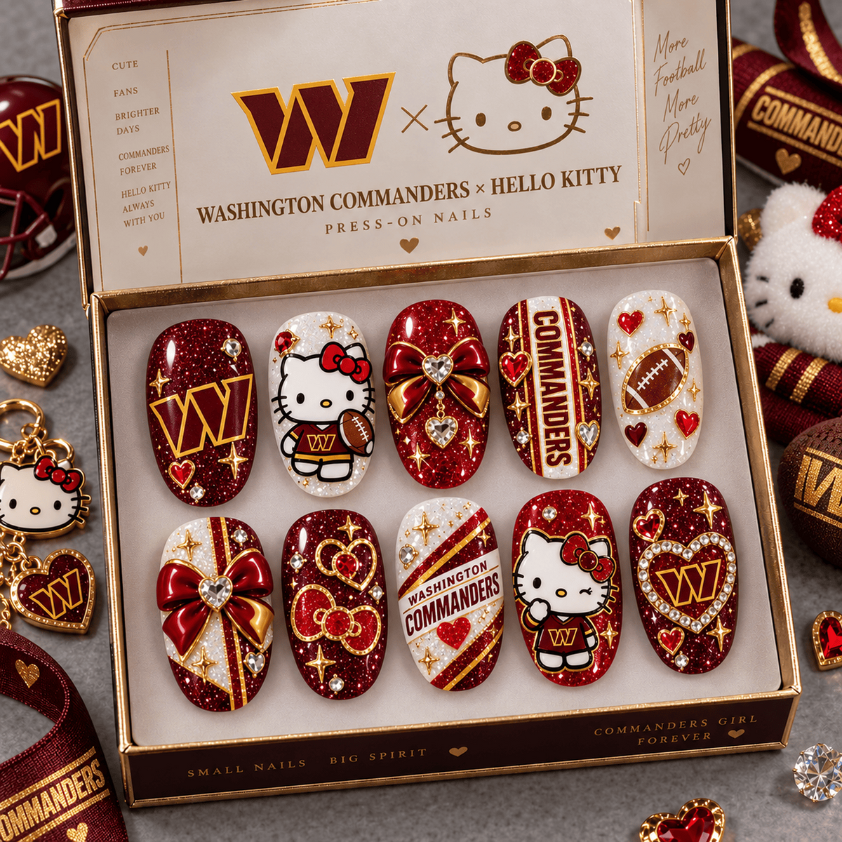 WAS X Premium NFL Hello Kitty Bow Glam Press-On Nails Football Fan